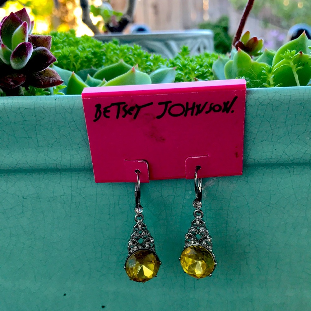 Betsey Johnson Pierced Dangle Earrings Silver and Yellow Rhinestone